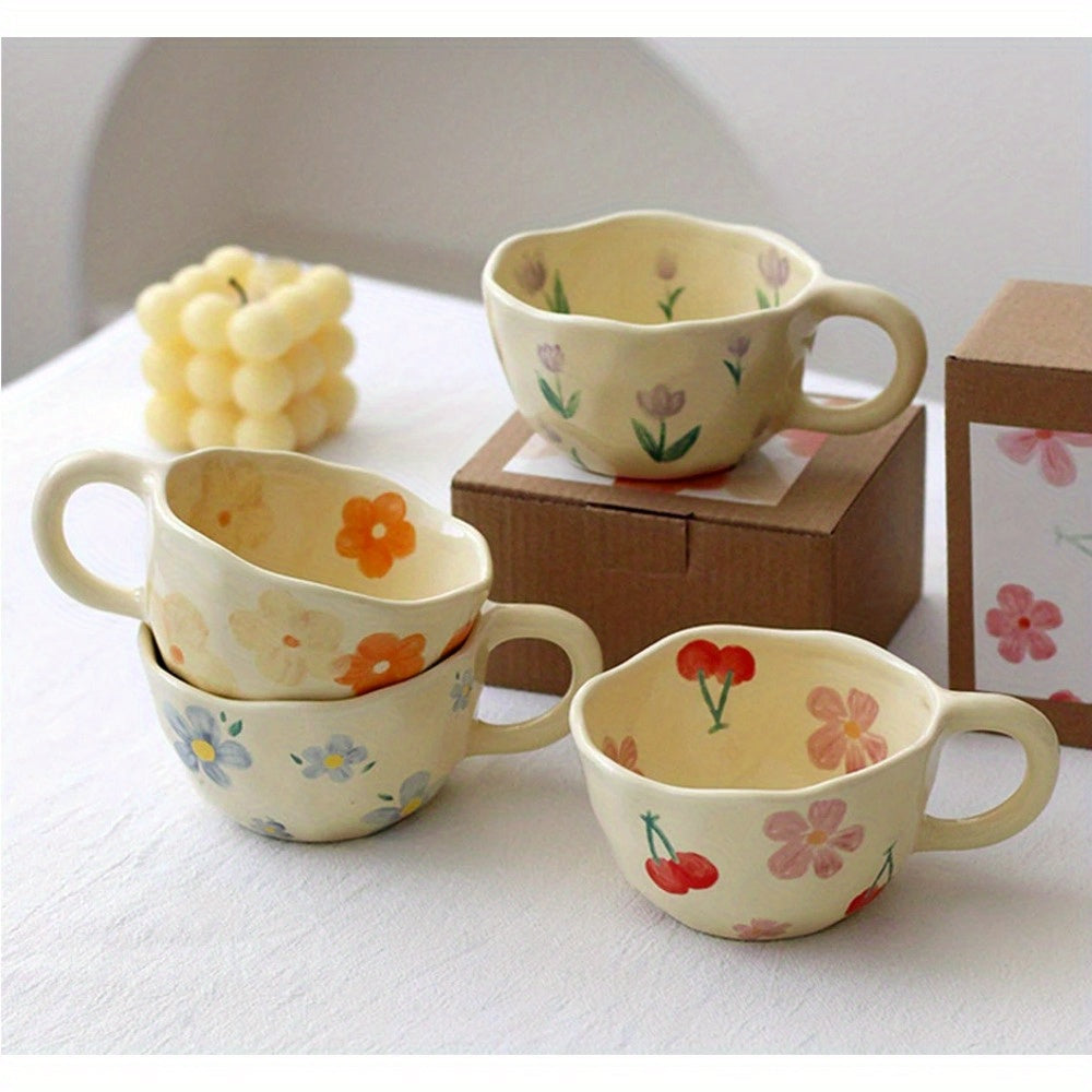 1pc Flowers Pattern Ceramic Mug Coffee Cup Irregular Flower Milk Tea Cup Korean Style Oatmeal Breakfast Mug Drinkware