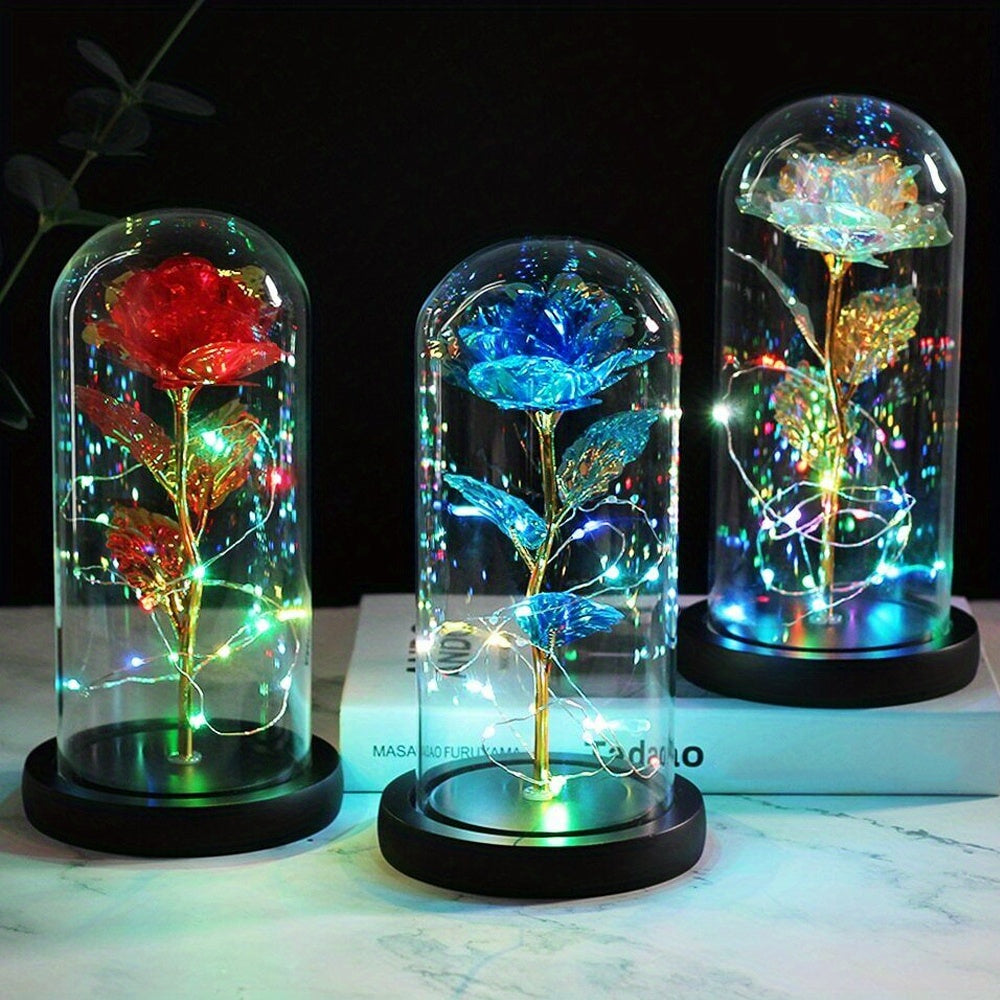 1pc Eternal Rose LED Light Foil Flower In Glass Cover, Mothers Day Wedding Favors, Valentines Day Gift For Girlfriend, Galaxy Rose Flower Dome Glass, LED Night Light Lovers Gift Decor