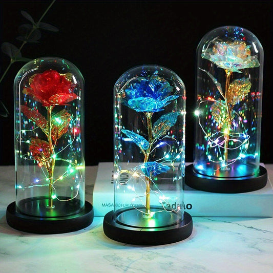 1pc Eternal Rose LED Light Foil Flower In Glass Cover, Mothers Day Wedding Favors, Valentines Day Gift For Girlfriend, Galaxy Rose Flower Dome Glass, LED Night Light Lovers Gift Decor