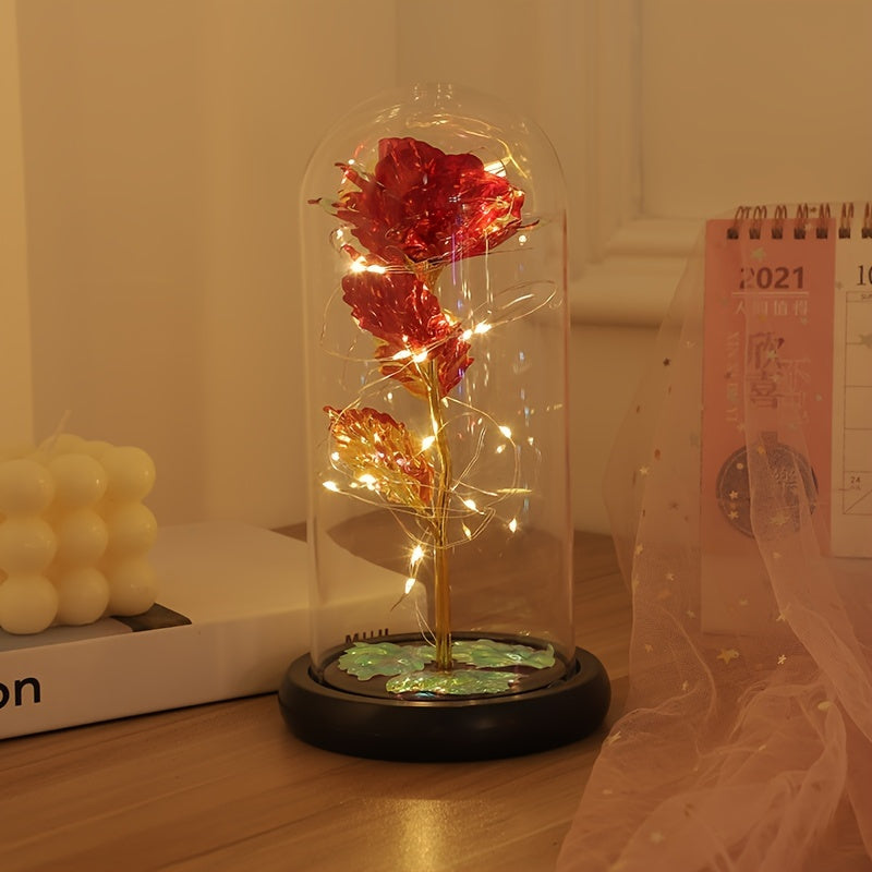 1pc Eternal Rose LED Light Foil Flower In Glass Cover, Mothers Day Wedding Favors, Valentines Day Gift For Girlfriend, Galaxy Rose Flower Dome Glass, LED Night Light Lovers Gift Decor