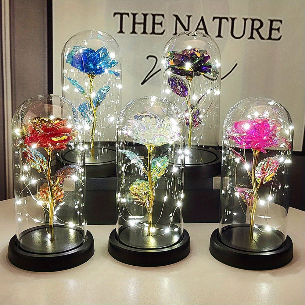 1pc Eternal Rose LED Light Foil Flower In Glass Cover, Mothers Day Wedding Favors, Valentines Day Gift For Girlfriend, Galaxy Rose Flower Dome Glass, LED Night Light Lovers Gift Decor