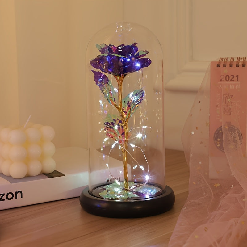 1pc Eternal Rose LED Light Foil Flower In Glass Cover, Mothers Day Wedding Favors, Valentines Day Gift For Girlfriend, Galaxy Rose Flower Dome Glass, LED Night Light Lovers Gift Decor