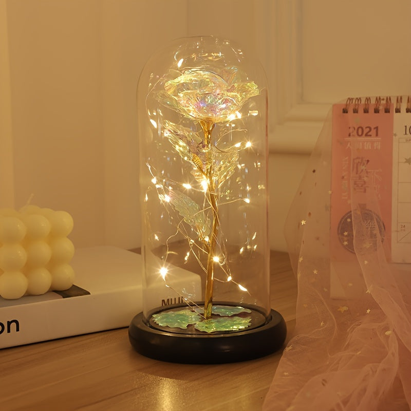 1pc Eternal Rose LED Light Foil Flower In Glass Cover, Mothers Day Wedding Favors, Valentines Day Gift For Girlfriend, Galaxy Rose Flower Dome Glass, LED Night Light Lovers Gift Decor