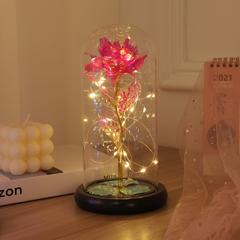 1pc Eternal Rose LED Light Foil Flower In Glass Cover, Mothers Day Wedding Favors, Valentines Day Gift For Girlfriend, Galaxy Rose Flower Dome Glass, LED Night Light Lovers Gift Decor