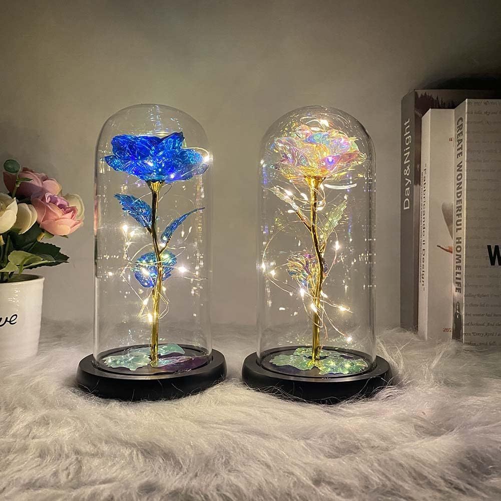 1pc Eternal Rose LED Light Foil Flower In Glass Cover, Mothers Day Wedding Favors, Valentines Day Gift For Girlfriend, Galaxy Rose Flower Dome Glass, LED Night Light Lovers Gift Decor
