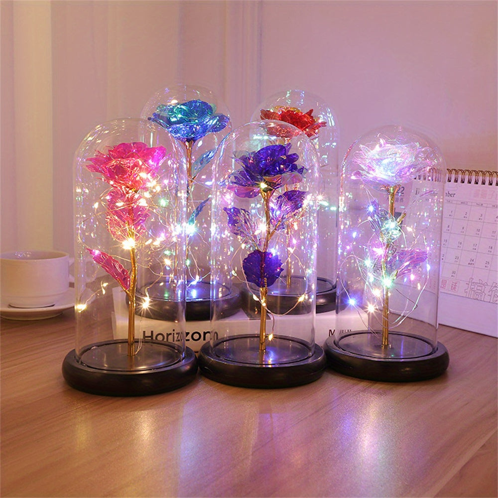 1pc Eternal Rose LED Light Foil Flower In Glass Cover, Mothers Day Wedding Favors, Valentines Day Gift For Girlfriend, Galaxy Rose Flower Dome Glass, LED Night Light Lovers Gift Decor
