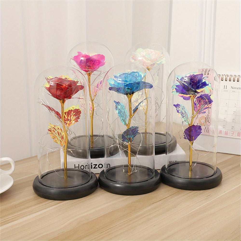 1pc Eternal Rose LED Light Foil Flower In Glass Cover, Mothers Day Wedding Favors, Valentines Day Gift For Girlfriend, Galaxy Rose Flower Dome Glass, LED Night Light Lovers Gift Decor