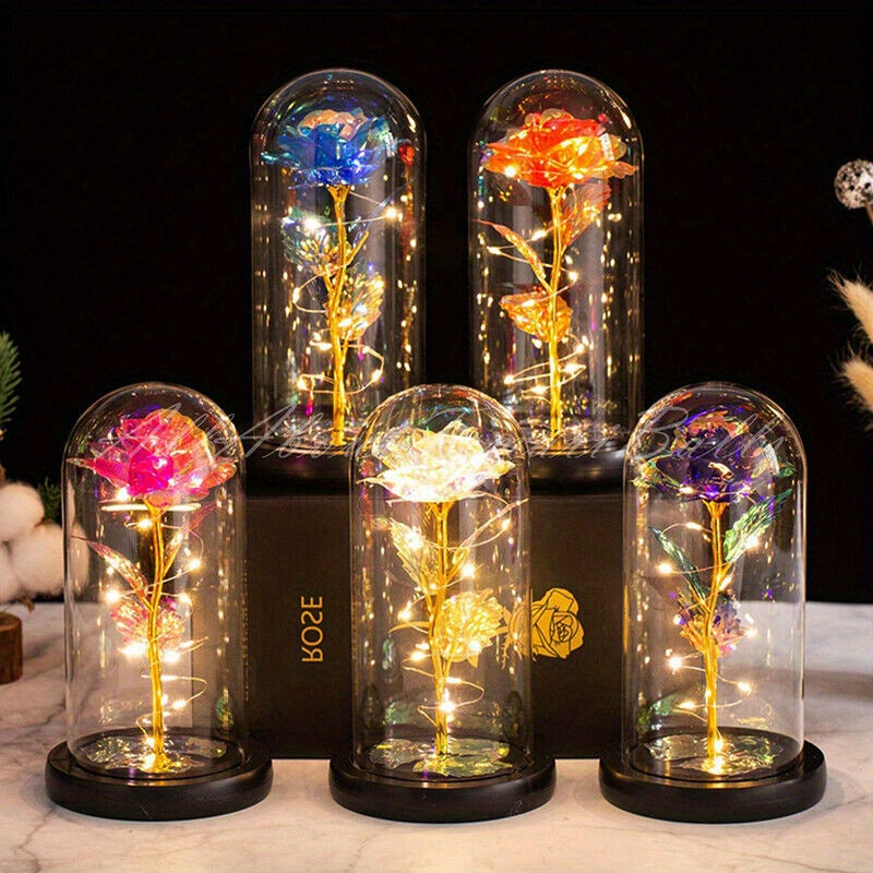 1pc Eternal Rose LED Light Foil Flower In Glass Cover, Mothers Day Wedding Favors, Valentines Day Gift For Girlfriend, Galaxy Rose Flower Dome Glass, LED Night Light Lovers Gift Decor