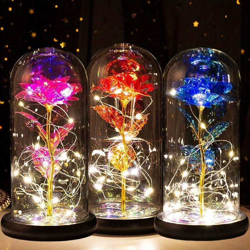 1pc Eternal Rose LED Light Foil Flower In Glass Cover, Mothers Day Wedding Favors, Valentines Day Gift For Girlfriend, Galaxy Rose Flower Dome Glass, LED Night Light Lovers Gift Decor