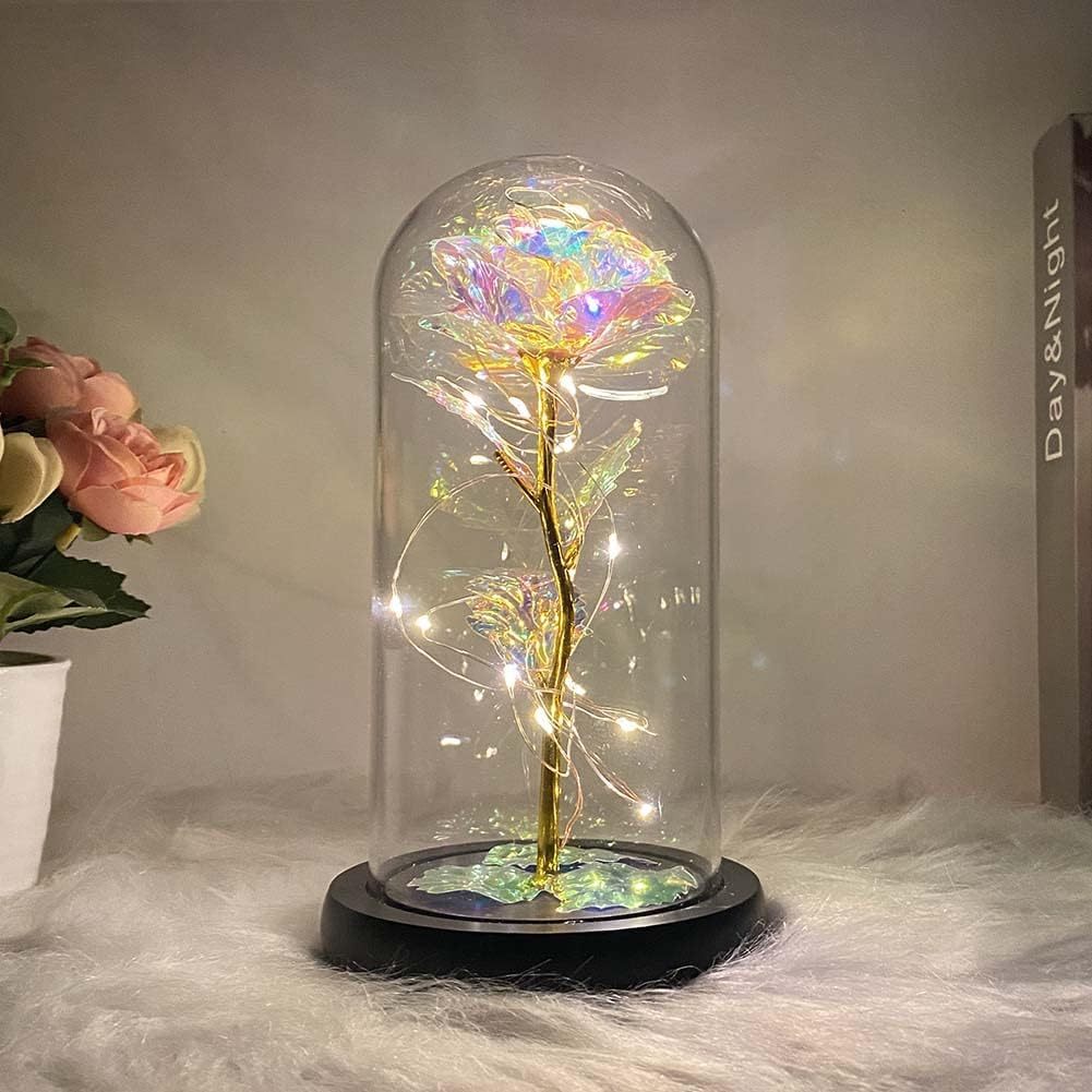 1pc Eternal Rose LED Light Foil Flower In Glass Cover, Mothers Day Wedding Favors, Valentines Day Gift For Girlfriend, Galaxy Rose Flower Dome Glass, LED Night Light Lovers Gift Decor