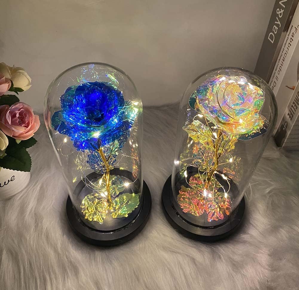 1pc Eternal Rose LED Light Foil Flower In Glass Cover, Mothers Day Wedding Favors, Valentines Day Gift For Girlfriend, Galaxy Rose Flower Dome Glass, LED Night Light Lovers Gift Decor