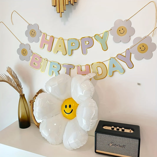 1 Set "Happy Birthday" Banner with Cheerful Daisy Flower & Macaroon Decorations - Pastel Colors, Plastic, No Power Needed, Perfect for Birthday & Wedding Celebrations, Birthday Party Decorations