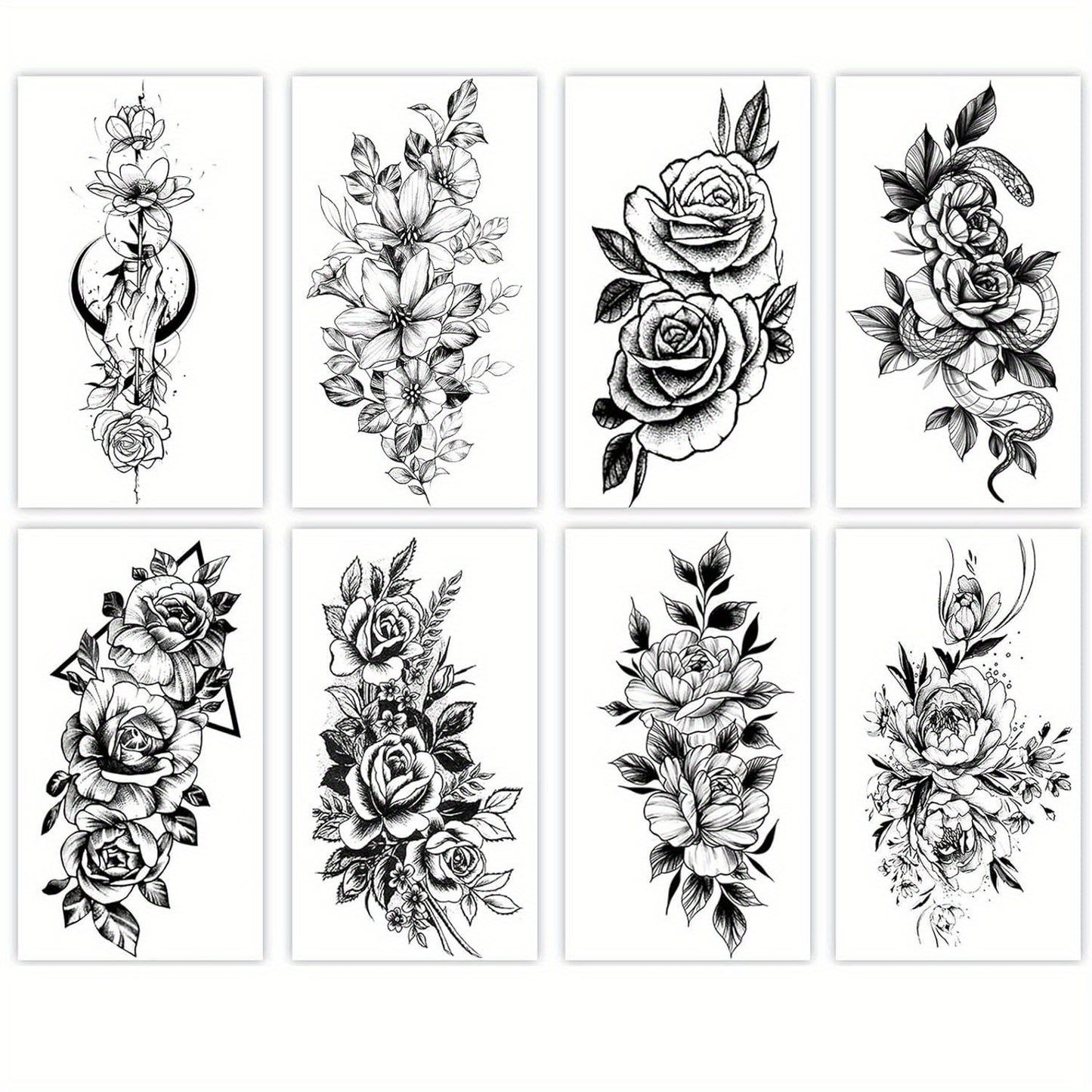 8pcs Flower Tattoos for Women, Temporary Sexy Tattoos, Realistic 3D Sketch Henna Tattoo Kit Sleeves for Women, Makeup Designs Chest Abdomen Back Tattoos