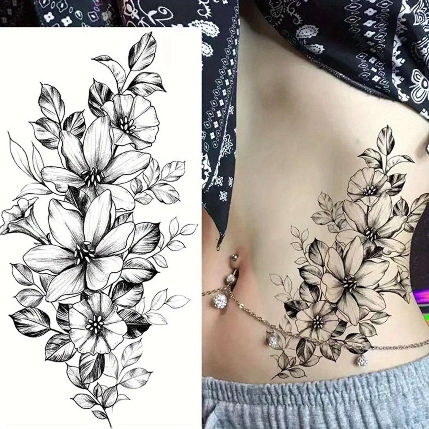 8pcs Flower Tattoos for Women, Temporary Sexy Tattoos, Realistic 3D Sketch Henna Tattoo Kit Sleeves for Women, Makeup Designs Chest Abdomen Back Tattoos
