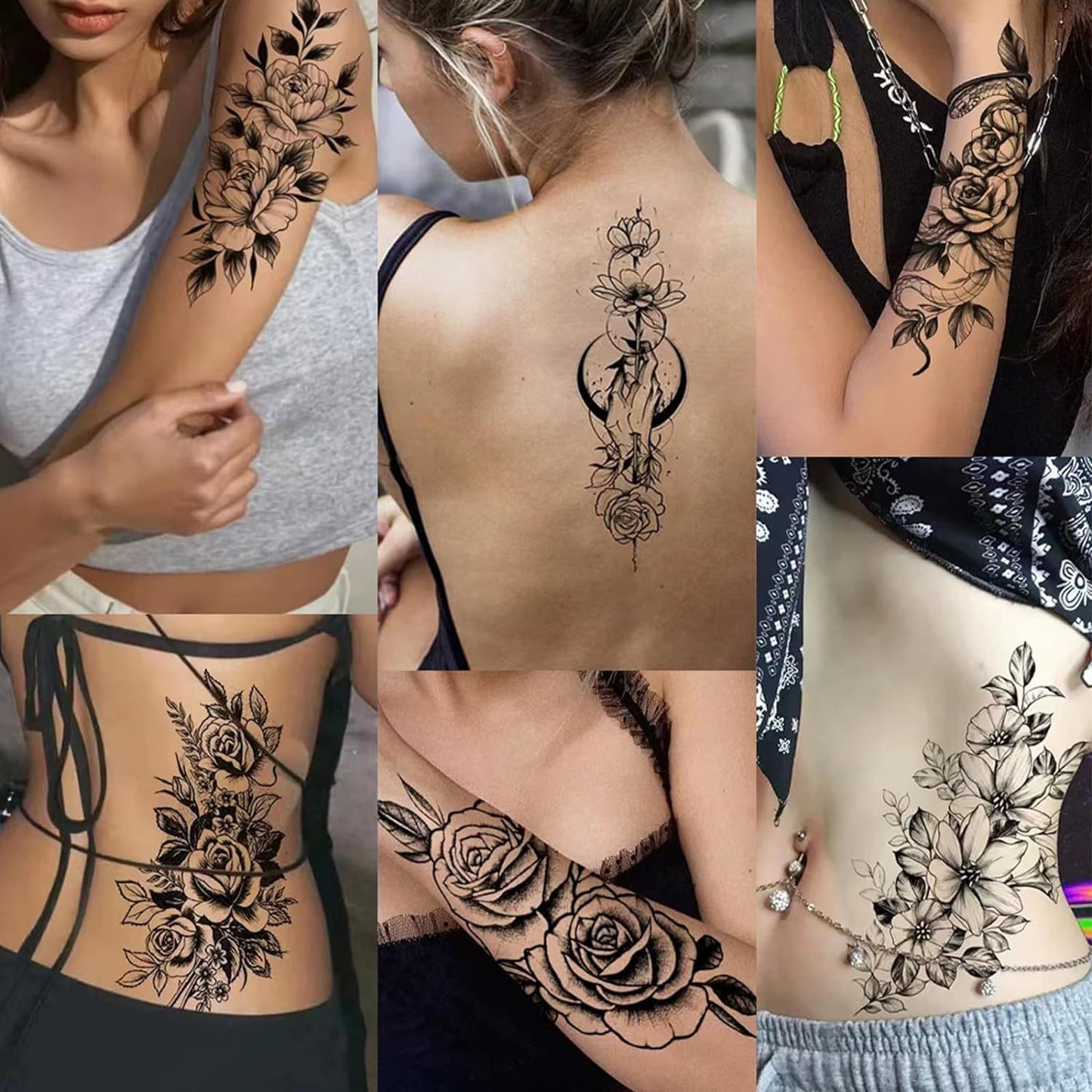 8pcs Flower Tattoos for Women, Temporary Sexy Tattoos, Realistic 3D Sketch Henna Tattoo Kit Sleeves for Women, Makeup Designs Chest Abdomen Back Tattoos