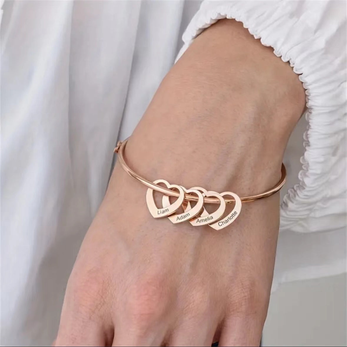 Customized Stainless Steel Bangle with Personalized Lettering - Adjustable, Engraved Family Names, Heart Charms, Meaningful Mothers Day Gift, Durable Fashion Jewelry