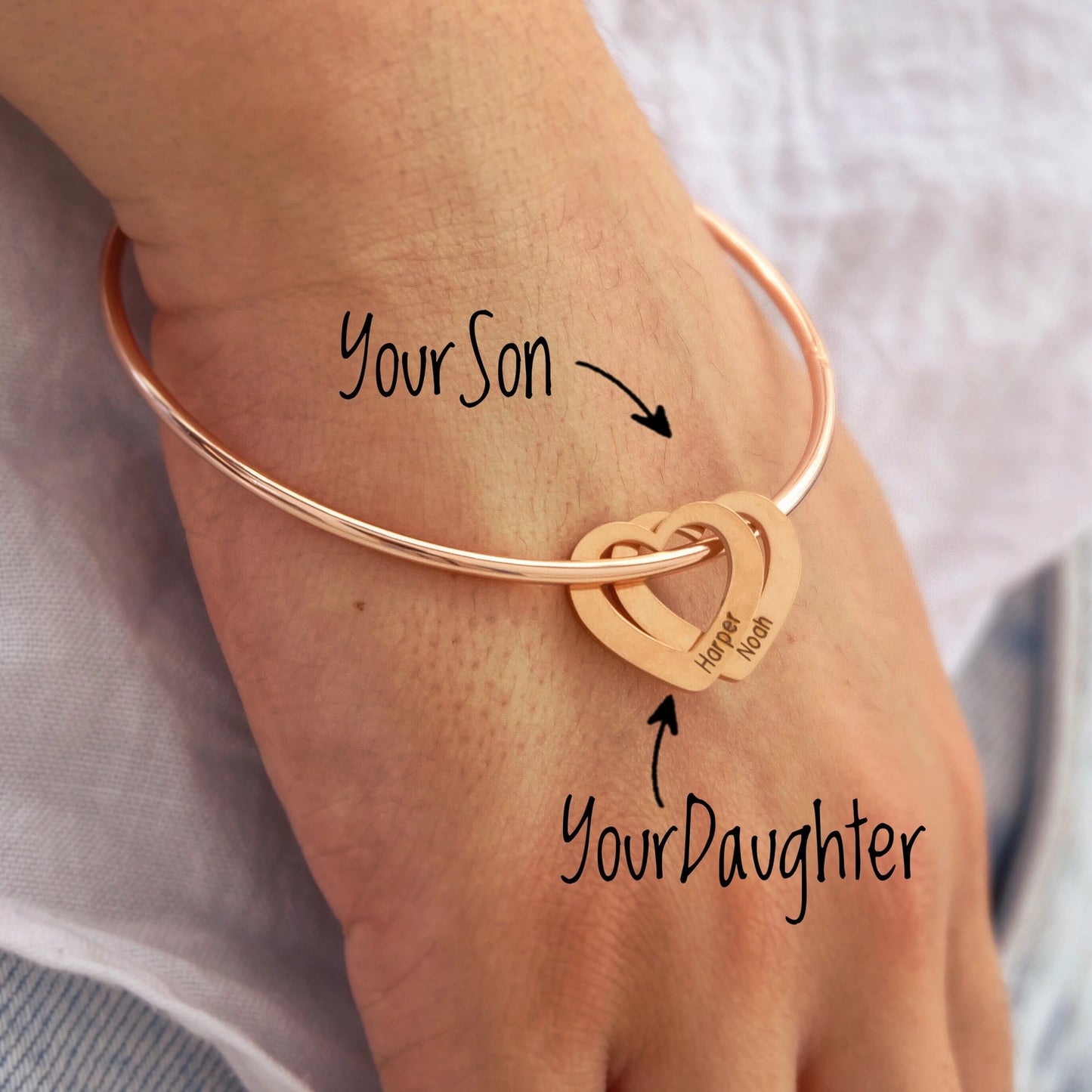 Customized Stainless Steel Bangle with Personalized Lettering - Adjustable, Engraved Family Names, Heart Charms, Meaningful Mothers Day Gift, Durable Fashion Jewelry