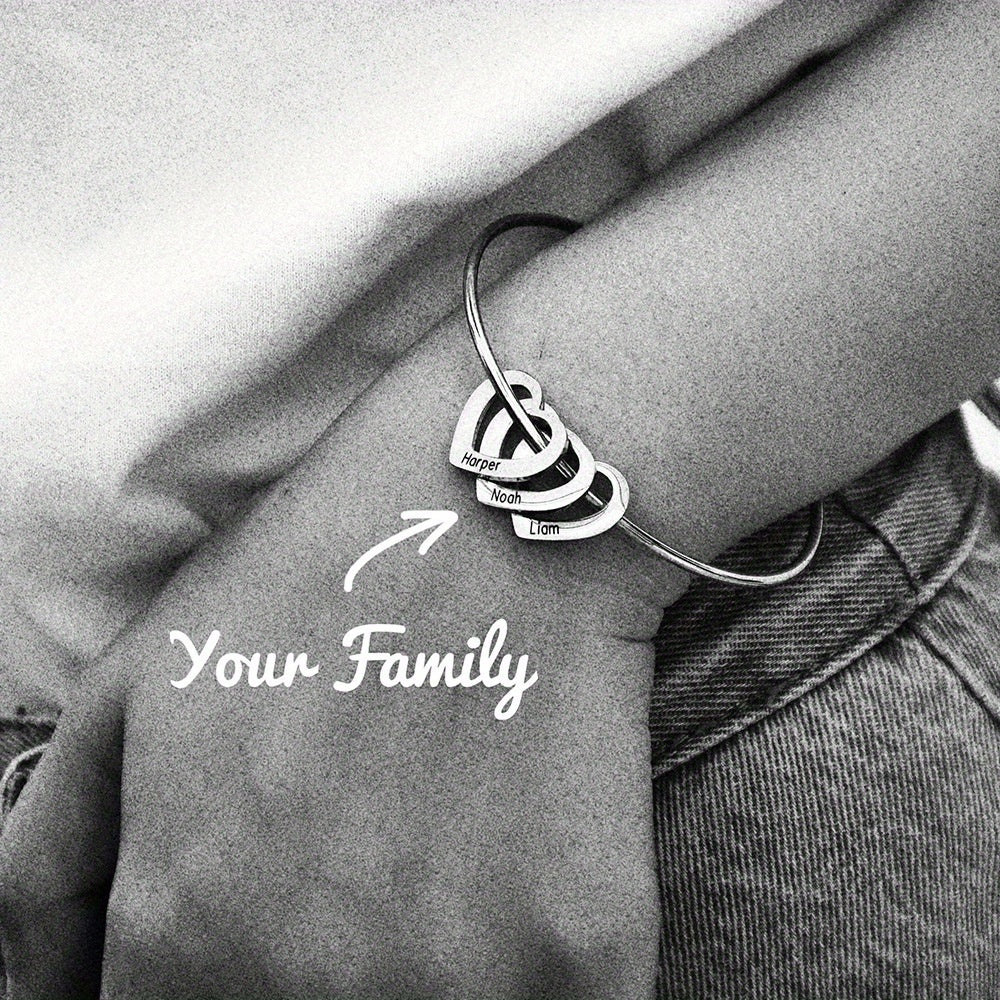 Customized Stainless Steel Bangle with Personalized Lettering - Adjustable, Engraved Family Names, Heart Charms, Meaningful Mothers Day Gift, Durable Fashion Jewelry