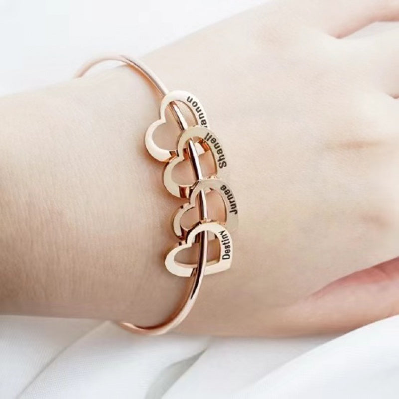 Customized Stainless Steel Bangle with Personalized Lettering - Adjustable, Engraved Family Names, Heart Charms, Meaningful Mothers Day Gift, Durable Fashion Jewelry