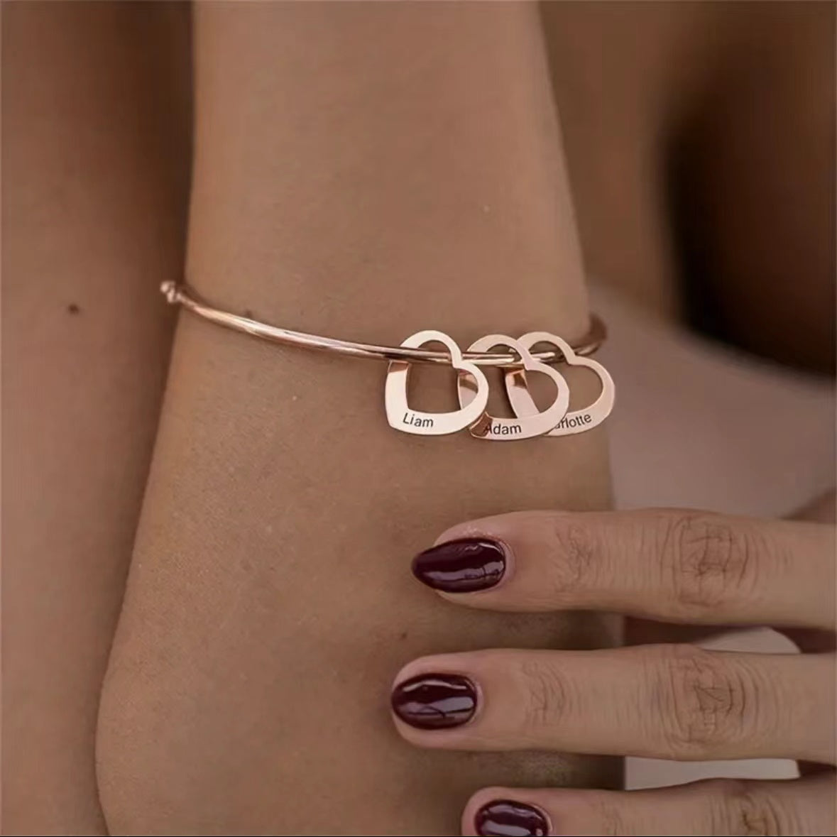 Customized Stainless Steel Bangle with Personalized Lettering - Adjustable, Engraved Family Names, Heart Charms, Meaningful Mothers Day Gift, Durable Fashion Jewelry