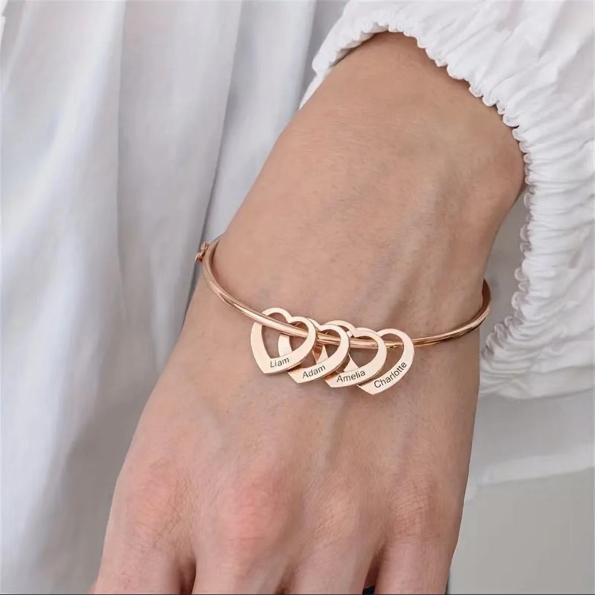 Customized Stainless Steel Bangle with Personalized Lettering - Adjustable, Engraved Family Names, Heart Charms, Meaningful Mothers Day Gift, Durable Fashion Jewelry