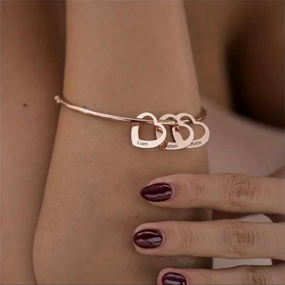 Customized Stainless Steel Bangle with Personalized Lettering - Adjustable, Engraved Family Names, Heart Charms, Meaningful Mothers Day Gift, Durable Fashion Jewelry
