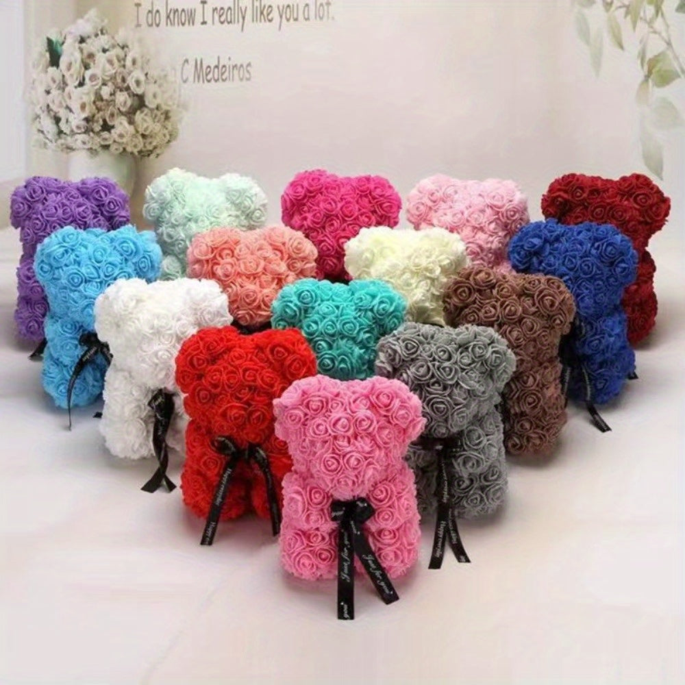 Artificial Rose Bear - 24.99cm Foam Flower Teddy - Multi-Occasion Plastic Floral Bear for Valentine's, Mother's Day, Thanksgiving, Birthday, Graduation - Creative Romantic Gift & Party Decoration
