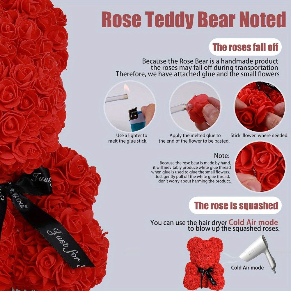 Artificial Rose Bear - 24.99cm Foam Flower Teddy - Multi-Occasion Plastic Floral Bear for Valentine's, Mother's Day, Thanksgiving, Birthday, Graduation - Creative Romantic Gift & Party Decoration