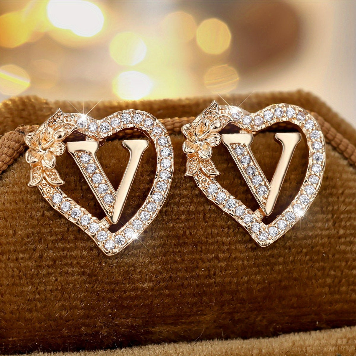 2pcs/Set Heart-Shaped Initial Letter Earrings, Fashionable Exquisite Uppercase Name Earrings with Delicate Flower-Shaped Design, April Birthstone Stud Earrings for Women, Suitable for Daily Wear and Gifts