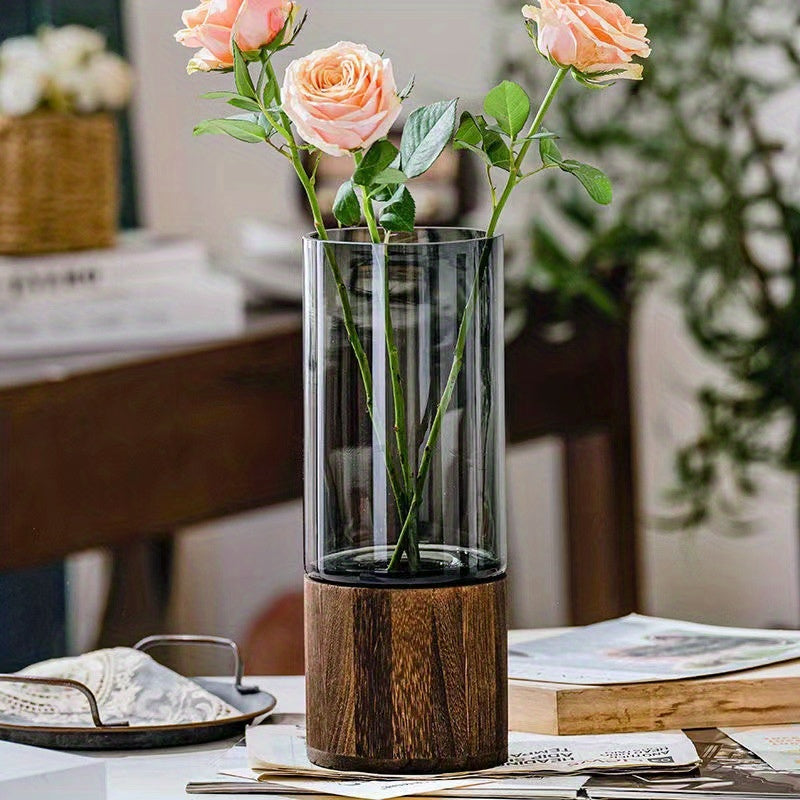 Chic Nordic-Inspired Glass Vase with Wooden Base - Perfect for Living Room Decor & Flower Arrangements