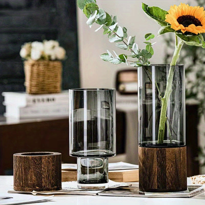 Chic Nordic-Inspired Glass Vase with Wooden Base - Perfect for Living Room Decor & Flower Arrangements