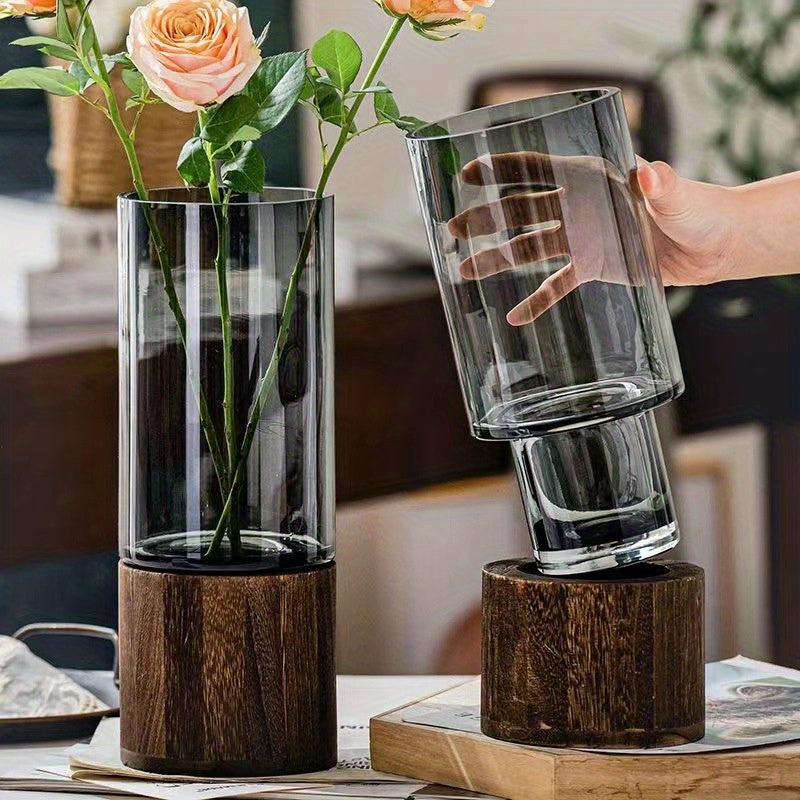 Chic Nordic-Inspired Glass Vase with Wooden Base - Perfect for Living Room Decor & Flower Arrangements