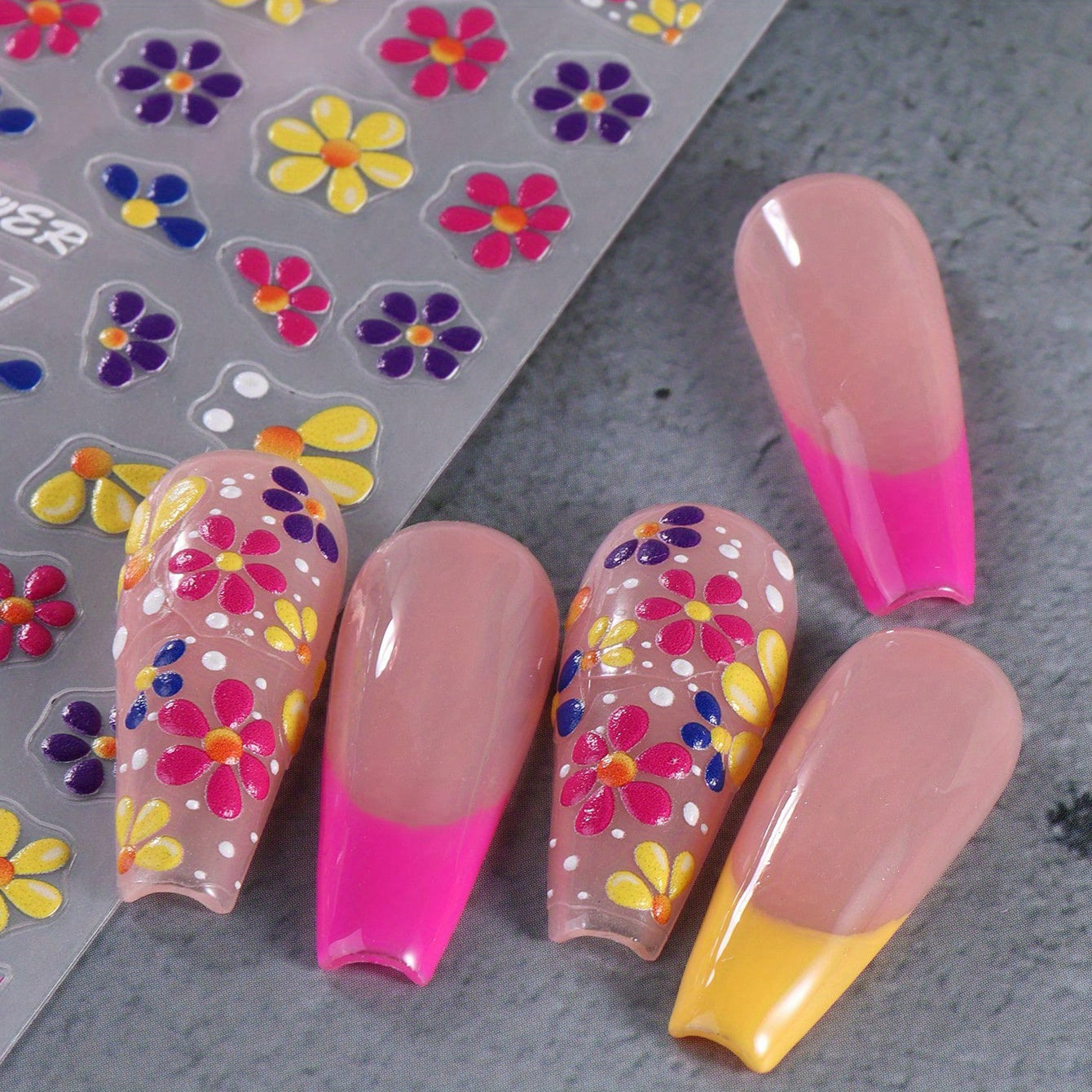 [5D Embossed] Colorful 5D Embossed Flower Nail Stickers | 1 Sheet | Plastic | Semi-Glossy, Self-Adhesive | DIY Summer Manicure Decor | Summer