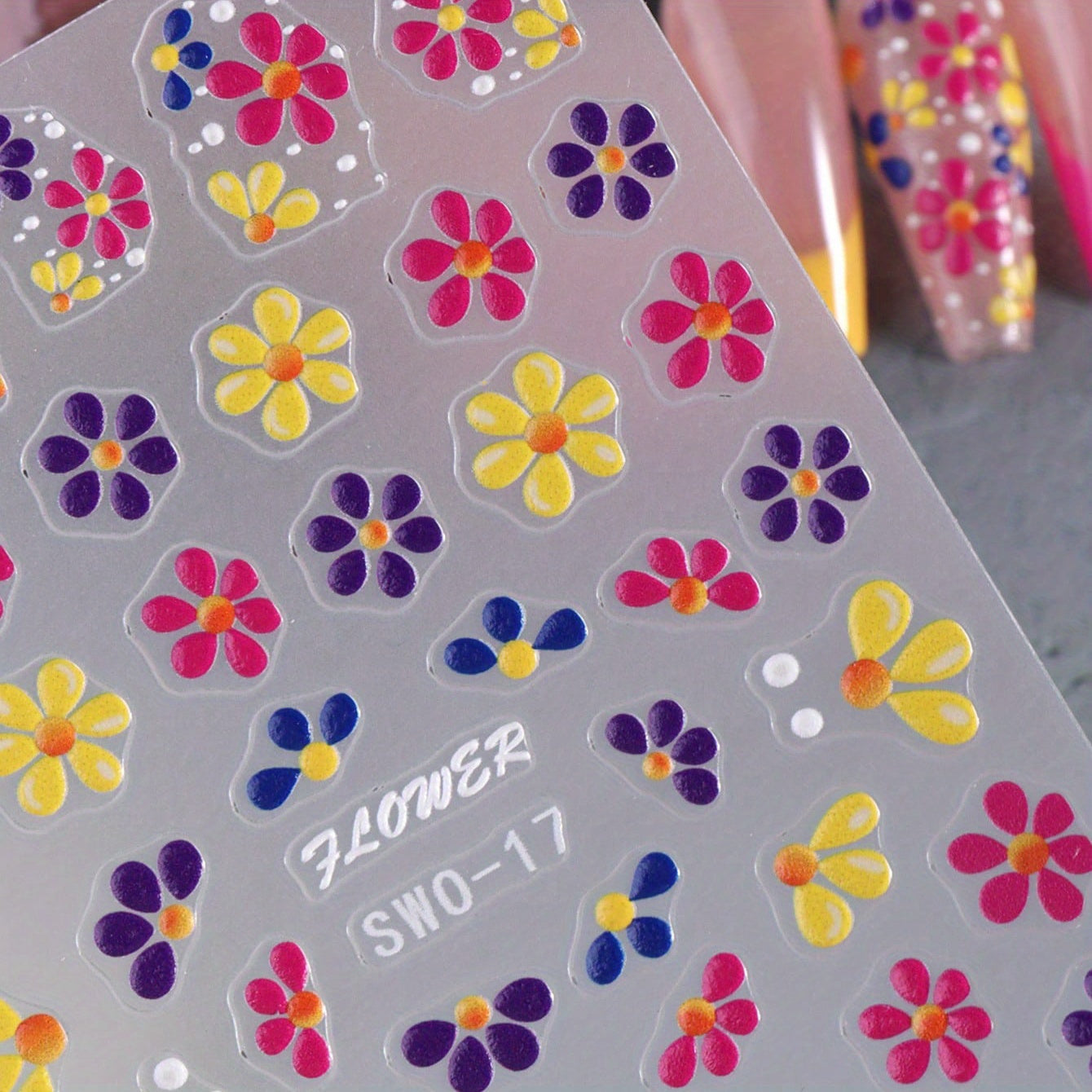 [5D Embossed] Colorful 5D Embossed Flower Nail Stickers | 1 Sheet | Plastic | Semi-Glossy, Self-Adhesive | DIY Summer Manicure Decor | Summer