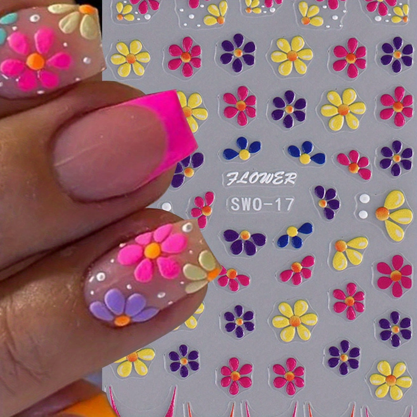 [5D Embossed] Colorful 5D Embossed Flower Nail Stickers | 1 Sheet | Plastic | Semi-Glossy, Self-Adhesive | DIY Summer Manicure Decor | Summer