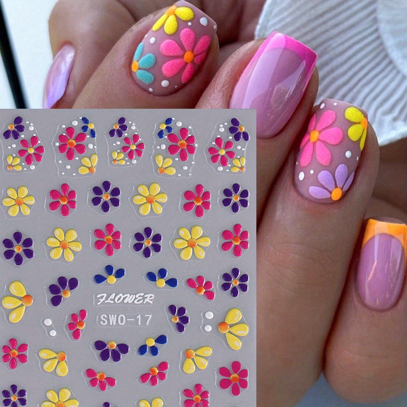 [5D Embossed] Colorful 5D Embossed Flower Nail Stickers | 1 Sheet | Plastic | Semi-Glossy, Self-Adhesive | DIY Summer Manicure Decor | Summer