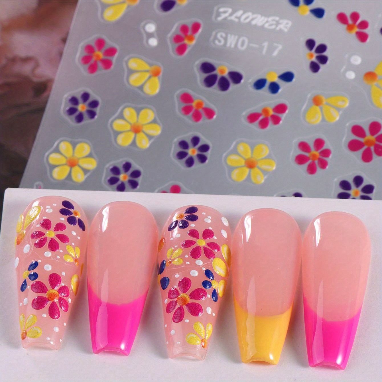 [5D Embossed] Colorful 5D Embossed Flower Nail Stickers | 1 Sheet | Plastic | Semi-Glossy, Self-Adhesive | DIY Summer Manicure Decor | Summer