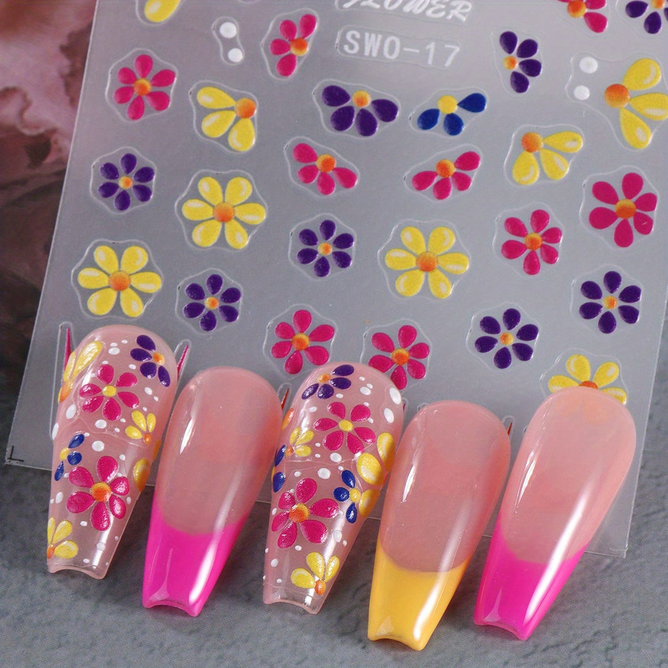[5D Embossed] Colorful 5D Embossed Flower Nail Stickers | 1 Sheet | Plastic | Semi-Glossy, Self-Adhesive | DIY Summer Manicure Decor | Summer