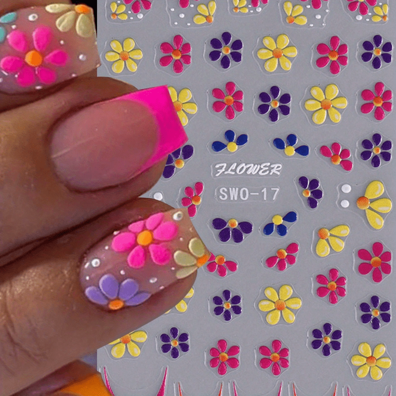 [5D Embossed] Colorful 5D Embossed Flower Nail Stickers | 1 Sheet | Plastic | Semi-Glossy, Self-Adhesive | DIY Summer Manicure Decor | Summer