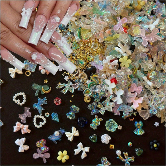 50g/Bag (about 500-600pcs) 3D Assorted Mix Color Nail Charms Multi-Shapes Heart Flower Butterfly Bowknot Shaped Nail Charms Resin Flatback Nail Art Rhinestones Charms for Manicure DIY Crafts Jewelry Accessories Nail Gems Nail