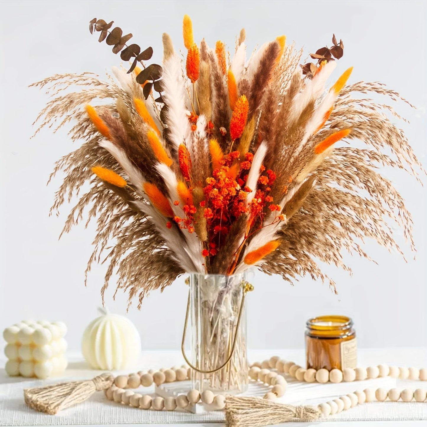 91pcs Autumn Elegance Dried Flower Bouquet - Preserved Gypsophila, Pampas Grass & Eucalyptus for Home & Office Decor | Perfect for Weddings, Parties & Seasonal Celebrations