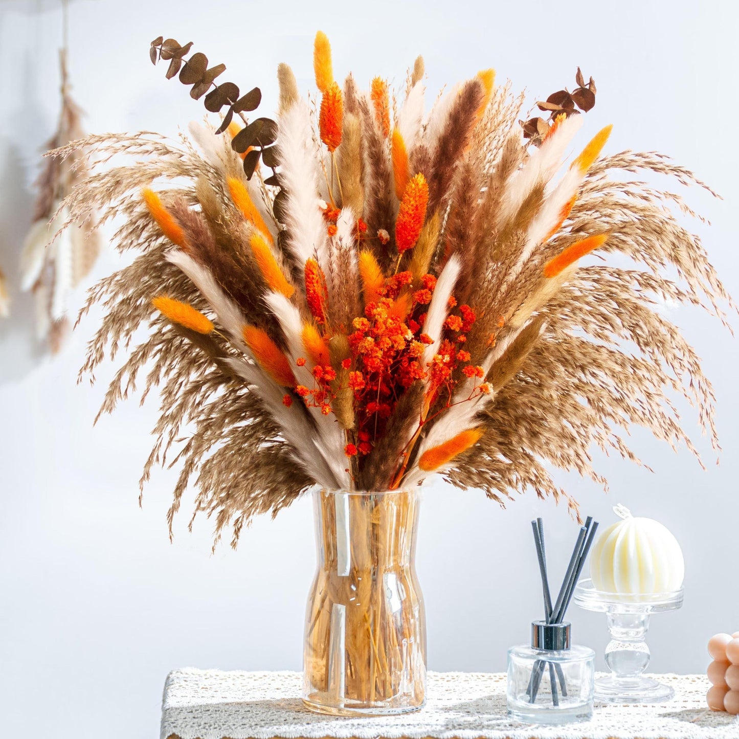 91pcs Autumn Elegance Dried Flower Bouquet - Preserved Gypsophila, Pampas Grass & Eucalyptus for Home & Office Decor | Perfect for Weddings, Parties & Seasonal Celebrations