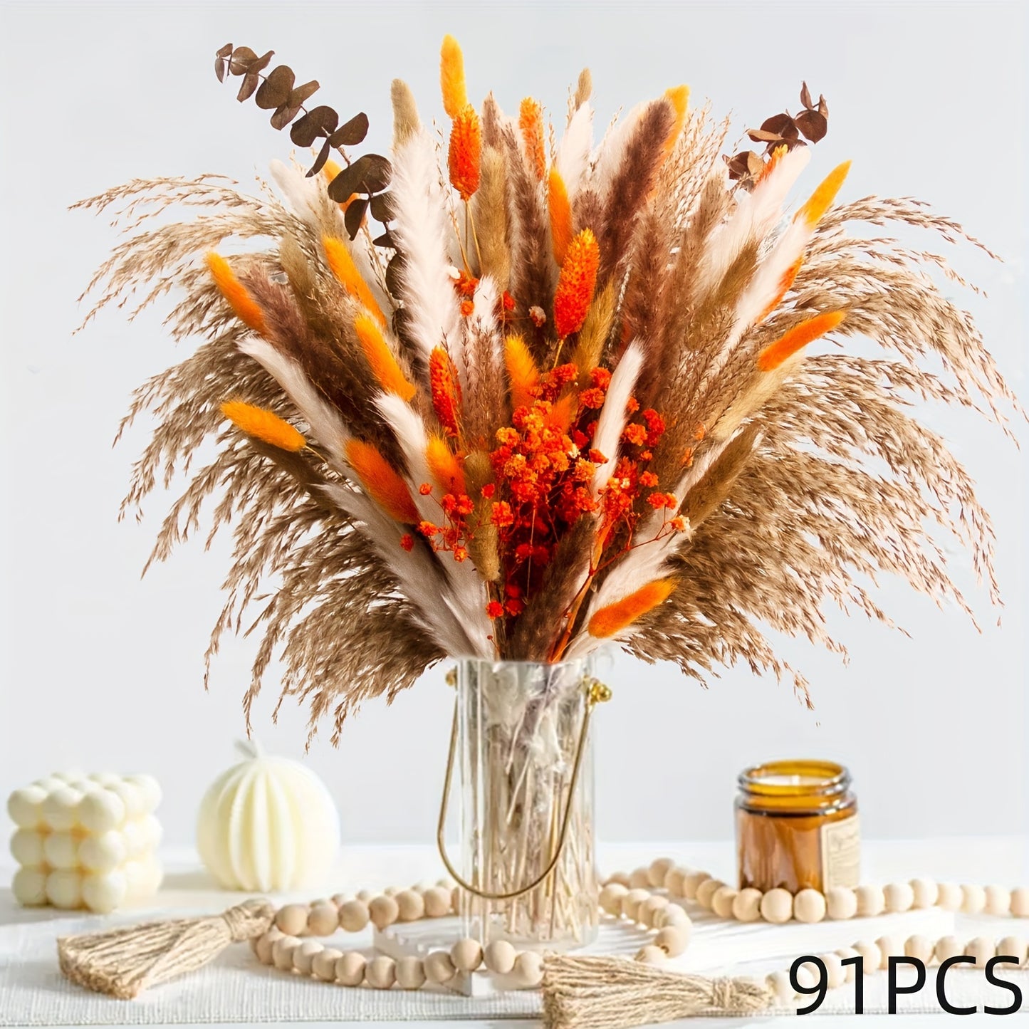 91pcs Autumn Elegance Dried Flower Bouquet - Preserved Gypsophila, Pampas Grass & Eucalyptus for Home & Office Decor | Perfect for Weddings, Parties & Seasonal Celebrations