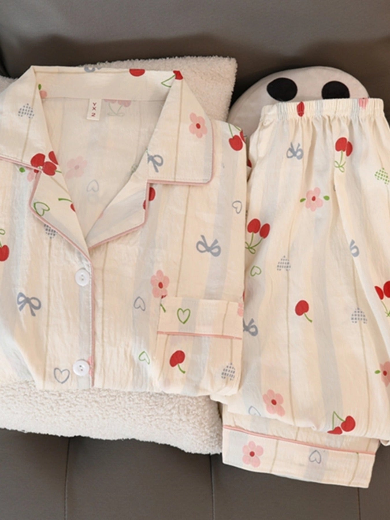 Cute Cherry Flower Bow Tie Print 2pcs Women's Pajamas Set Button Lapel Neck Design Women's Sleepwear New Cartoon Kawaii Homewear