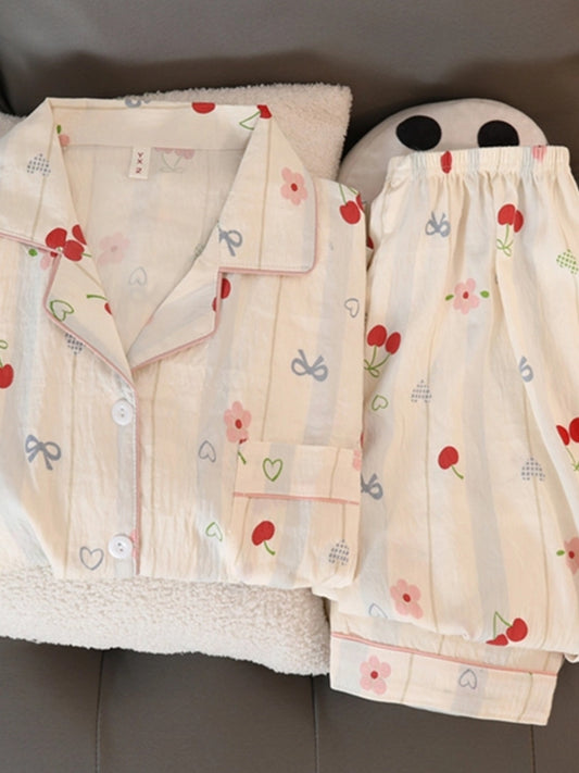 Cute Cherry Flower Bow Tie Print 2pcs Women's Pajamas Set Button Lapel Neck Design Women's Sleepwear New Cartoon Kawaii Homewear