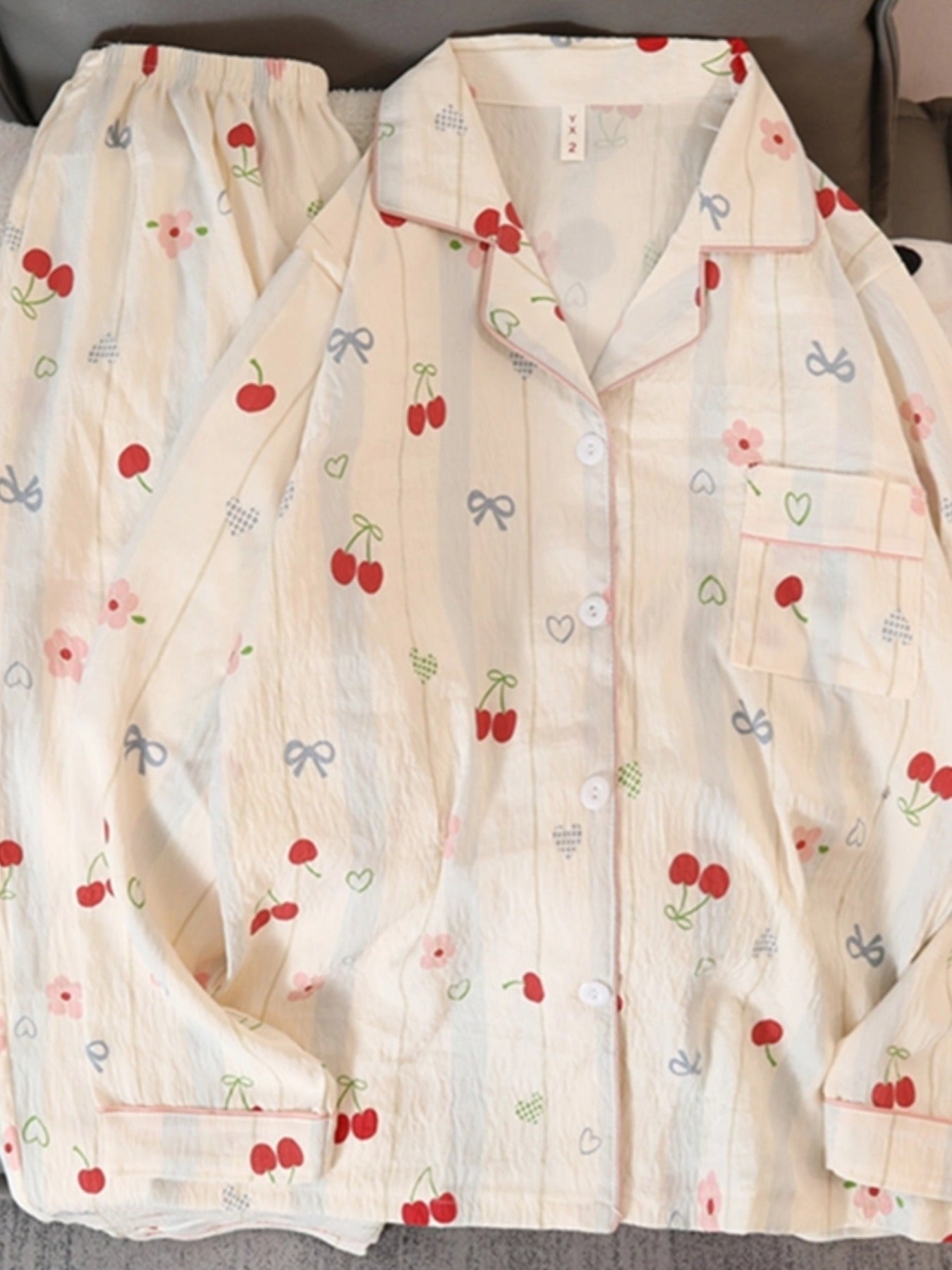 Cute Cherry Flower Bow Tie Print 2pcs Women's Pajamas Set Button Lapel Neck Design Women's Sleepwear New Cartoon Kawaii Homewear