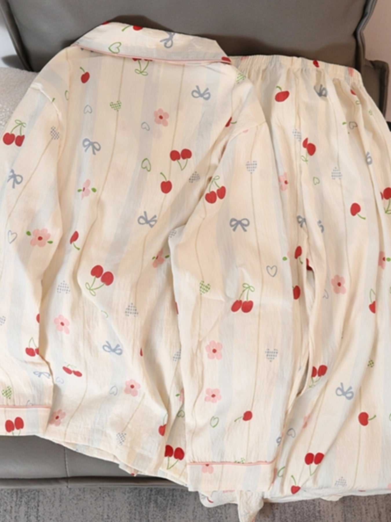 Cute Cherry Flower Bow Tie Print 2pcs Women's Pajamas Set Button Lapel Neck Design Women's Sleepwear New Cartoon Kawaii Homewear
