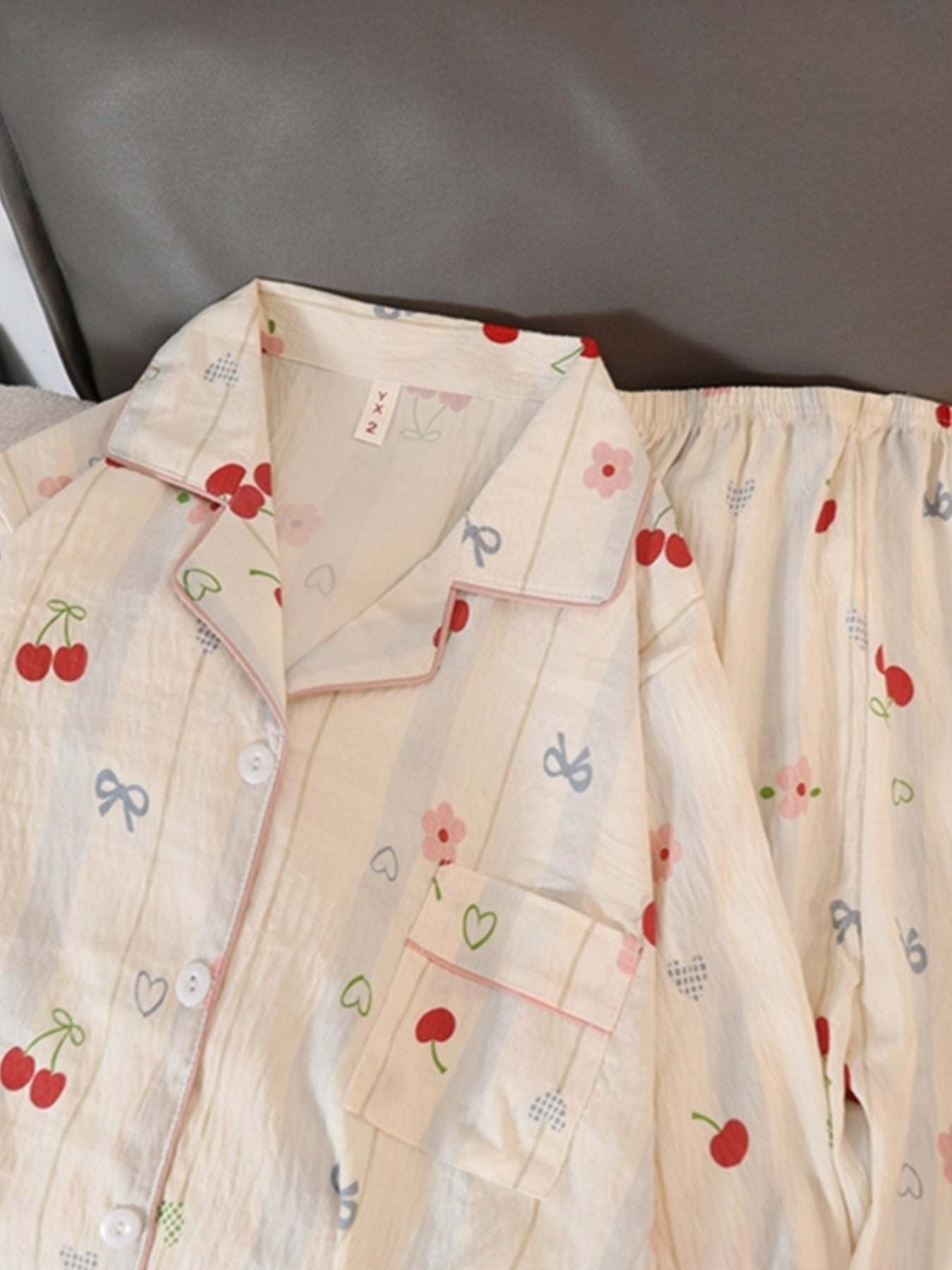 Cute Cherry Flower Bow Tie Print 2pcs Women's Pajamas Set Button Lapel Neck Design Women's Sleepwear New Cartoon Kawaii Homewear