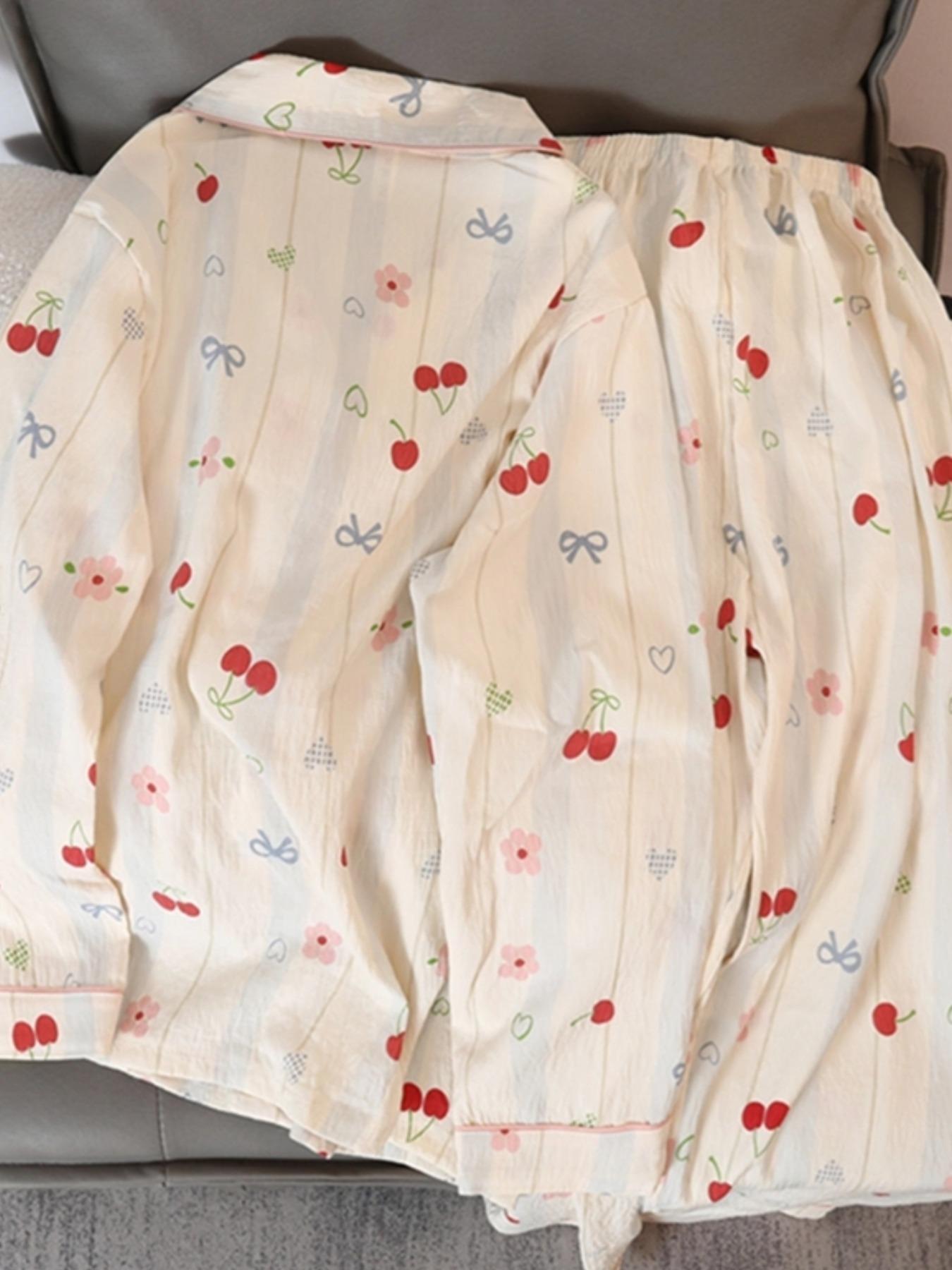 Cute Cherry Flower Bow Tie Print 2pcs Women's Pajamas Set Button Lapel Neck Design Women's Sleepwear New Cartoon Kawaii Homewear