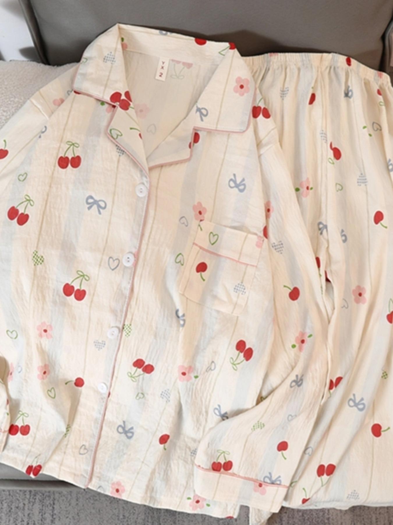 Cute Cherry Flower Bow Tie Print 2pcs Women's Pajamas Set Button Lapel Neck Design Women's Sleepwear New Cartoon Kawaii Homewear